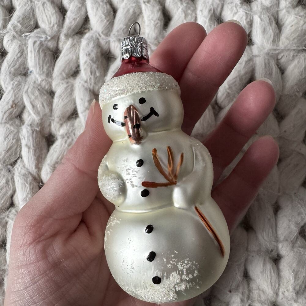 Vintage Czech Republic Blown Glass Snowman Ornament Red Santa Hat